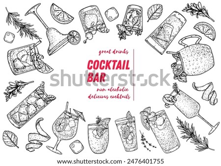 Alcoholic cocktails frame. Hand drawn vector illustration. Cocktails sketch set. Engraved style. Not AI