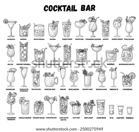 Alcoholic cocktails hand drawn vector illustration. Sketch set. Cognac, brandy, vodka, tequila, whiskey, champagne, wine margarita cocktails Bottle and glass