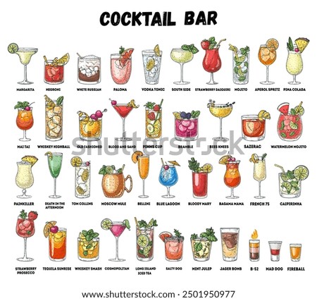 Alcoholic cocktails hand drawn vector illustration. Sketch set. Cognac, brandy, vodka, tequila, whiskey, champagne, wine margarita cocktails Bottle and glass