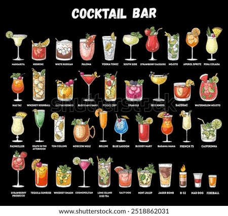 Alcoholic cocktails hand drawn vector illustration. Sketch set. Cognac, brandy, vodka, tequila, whiskey, champagne, wine margarita cocktails Bottle and glass