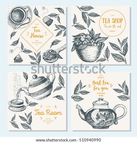Banner set for tea shop. Teahouse square banner collection. Linear graphic