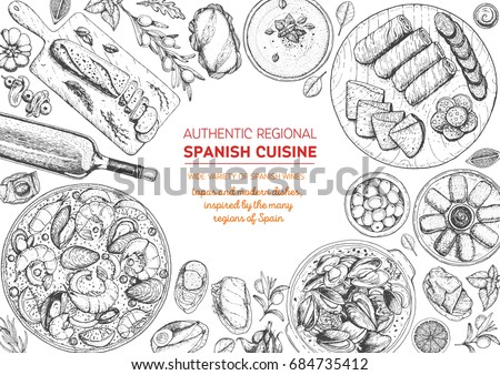 Spanish cuisine top view frame. A set of spanish dishes with croquetas, bocadillo, paella, gaspacho, tapas. Food menu design template. Vintage hand drawn sketch vector illustration. Engraved image