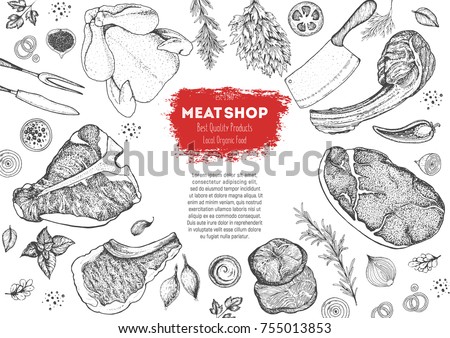 Meat top view frame. Vector illustration. Engraved design. Hand drawn illustration. Pieces of meat design template.