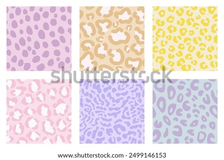 Collection of animal prints in pastel colors - 6 different leopard prints, tiger, cheetah, jaguar - seamless hand-drawn animal patterns