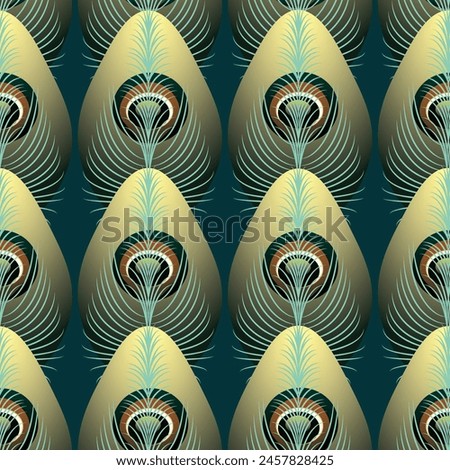 Abstract, geometric peacock gold feather motif on an emerald green background, vector pattern