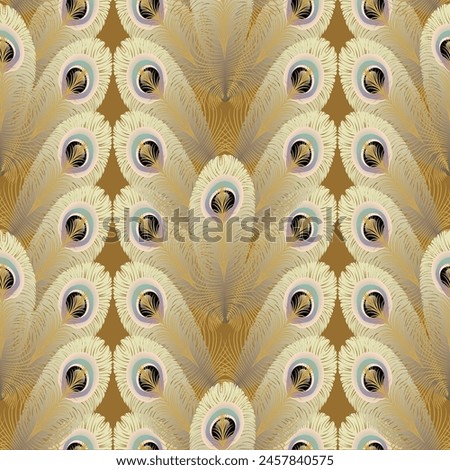 Abstract, geometric white peacock gold feather motif on warm brown background, vector, pastel color pattern