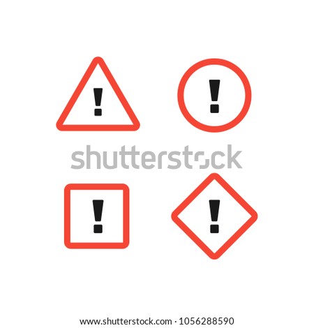 Collection of attention signs isolated on white background. Shapes (triangle, square, circle, rhombus) with exclamation point. Design with attention icon for banner, posteror signboard. Danger warning