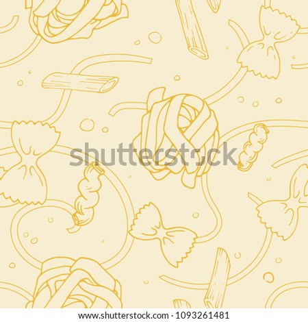 Italian spaghetti seamless beige pattern. Ornament of handdrawn doodles of different tkinds of pasta. Pastafarian background. Textile, paper, wallpaper design for cafes with italian cousine. 