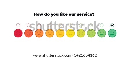 Vector feedback survey template. Ten scale of colorful emotion smiles from rage to satisfied with checkbox on white background. Emoticons element of UI design for client service rating.