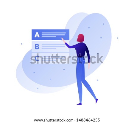 Vector modern flat education exam illustration. Woman character select answer from test list. Concept of online university study, college questionnaire. Design element for poster, flyer, card, banner