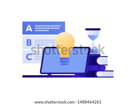 Vector modern flat education exam illustration. Laptop with lamp idea symbol, answer to test checklist. Concept of online university study, college examination Design for poster, flyer, card, banner