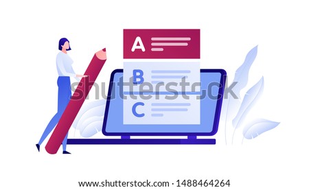Vector modern flat education exam illustration. Woman with pen choose answer from list on laptop. Concept of online university study, college examination Design element for poster, flyer, card, banner