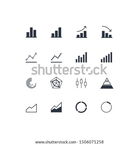 Vector flat chart diagram set illustration. Black column, bar, pie, radar and pyramid icons isolated on white background. Concept of finance statistics, analytics. Design element for ui, report, web.