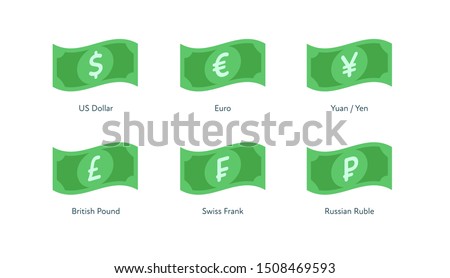 Vector banknote money flat icon illustration. Set of flying world currency as dollar, euro, pound, frank, yuan and yen isolated on white. Design element for banner, poster, banking, payment, website.