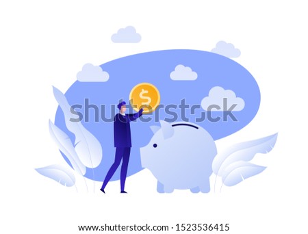 Vector flat piggybank money save illustration. Businessman holding coin and pig on blue sky background. Concept of banking, income deposite, pension. Design element for banner, poster, infographics.