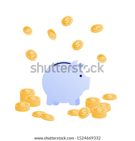 Vector flat bank business illustration. Pig save box with falling coins isolated on white. Concept of save, banking, deposite, investment. Design element for banner, poster, infographic