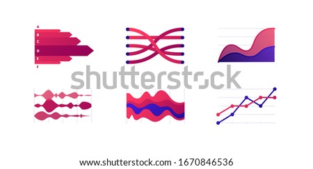 Infographic design element collection. Vector flat color illustration set. Dotted line, stacked area chart on white. Alluvial sankey diagram. Design for ui, science poster, marketing, presentation
