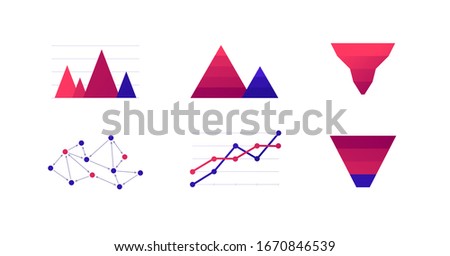 Infographic element collection. Vector flat color illustration set. Line, pyramid, funnel chart isolated on white background. Sociogram diagram. Design for ui, science poster, marketing, presentation