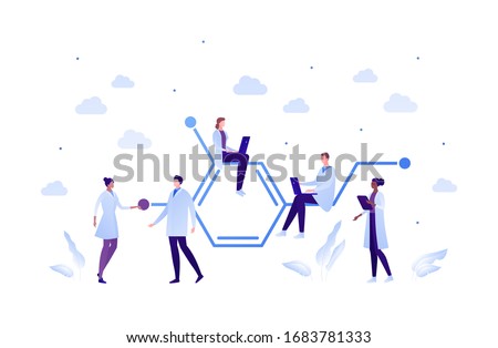 Science chemistry laboratory concept. Vector flat person illustration set. Mixed ethnic team of male and female with formula sign. Laptop and textbook. Design for scientist teamwork banner