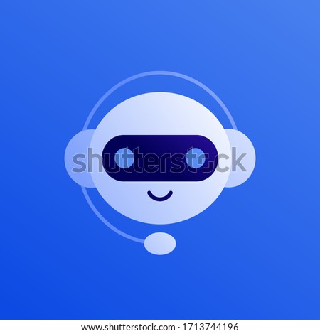 Chat bot ai and customer service support concept. Vector flat person illustration. Smiling robot in headphone on blue background. Design element for banner, web error page, logo.