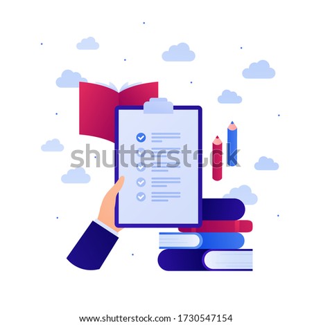 Education in business concept. Vector flat illustration. Test exam on paper. Hand hold task checklist on clipboard. Book and pen sign. Design element for banner, web, infographic.
