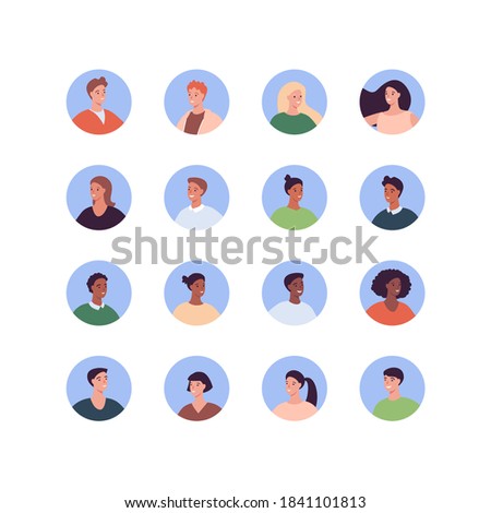 Diverse people avatar set. Vector flat people illustration. Pack of adult man and woman character of diversity ethnic in round frame isolated on white background. Design element for web profile icon.