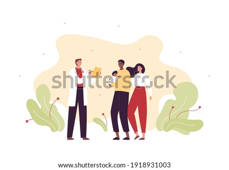 Pediatrician consulting family concept. Vector flat people illustration. Male doctor stethoscope with sthand african american father hold baby patient and caucasian mother. Mixed ethnic family.