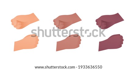 Hand gesture icon collection. Vector flat multiracial llustration set. Caucasian, african american and indian ethnic. Fist punch wrist sign. Protest, power, fight symbol. Design element for web.