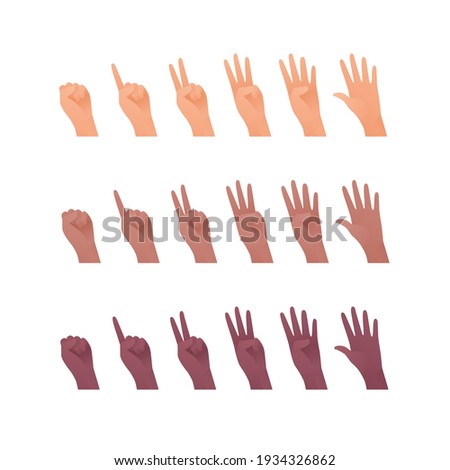 Hand gesture icon collection. Vector flat multiracial llustration set. Caucasian, african american and indian ethnic. Finger count symbol. Open palm. Design element for web.