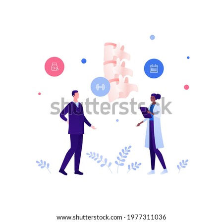 Backache and spine disease concept. Vector flat healthcare illustration. African american female doctor and businessman patient. Vertebra, medicine capsule and sport symbol. Design for health care.