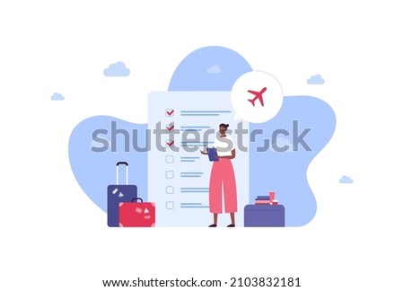 Tourism and air plane travel concept. Vector flat people illustration. African female tourist with document in hands on checklist background. Luggage, airplane, suitcase symbol.
