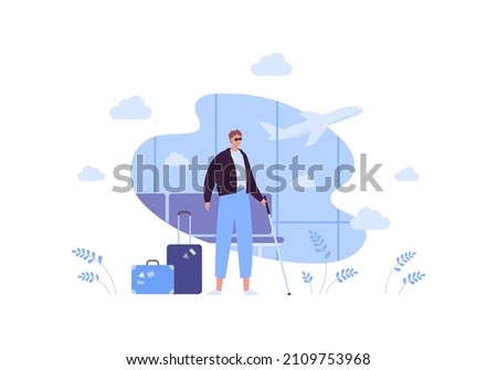 Tourism for blind person and airplane travel concept. Vector flat people illustration. Disabled man in black glasses and walking stick on airport window with plane background.