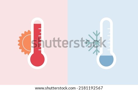 Enviroment issue and extreme weather concept. Vector flat icon illustration. Heat and cold wave color thermometer symbol isolated on pink and blue background.