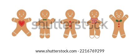 Christmas holiday vector illustration set. Collection of sweet gingerbread man character isolated on white background. Happy and sad emotions. Design for xmas