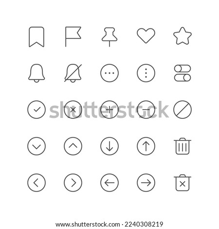 Outline icon collection for ui. Vector thin line illustration set. Web buttons, arrow, pin, heart shape, bell symbol isolated on white background. Design element