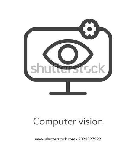 Outline style ui icons hard skill collection. Technical and IT. Vector black linear icon illustration. Computer vision monitor with eye, cog gear symbol isolated on white background. Design element