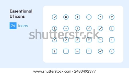 Essential icon collection for ui. Vector two color flat illustration set. Basic user interface black and blue symbols isolated on white background. Design element