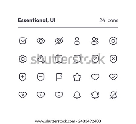 Essential icon collection for ui. Vector thin line illustration set. Basic user interface symbols isolated on white background. Design element. Like, hidden, settings