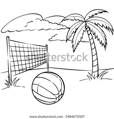 A beach volleyball net set up with a ball, framed by a palm tree and a clear sky.