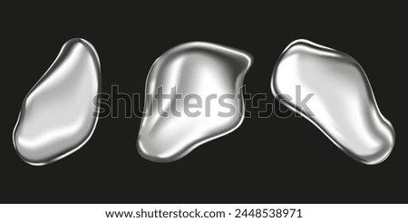 Set of metal drops realistically isolated on a black background. Silver ball, chrome sphere, liquid metal. Spherical 3D spheres. Precious stone. Vector illustration for your design and business eps10