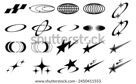 Brutalist abstract geometric shapes and grids. Brutal modern shapes, stars, lines, circles, oval spiral flower and other primitive elements, Memphis geometric silhouette elements vector set