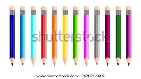 Multicolor pencils, 3d vector back to school, colored wooden elements for office, education, artists, children's flat style illustration isolated on white background