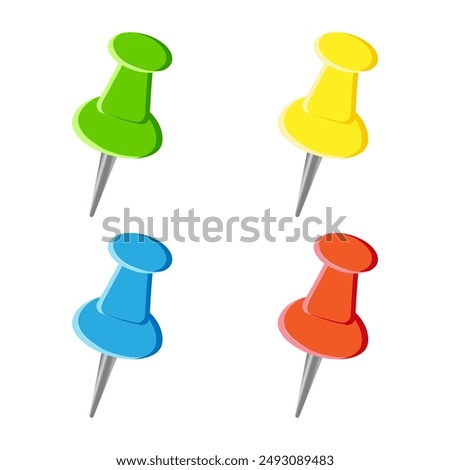 Set of multi-colored Cartoon Pushpins on white background. Back to school. Concept for school, office, education, banner, poster, social media, web, advertising, sale.Vector illustration Eps 10