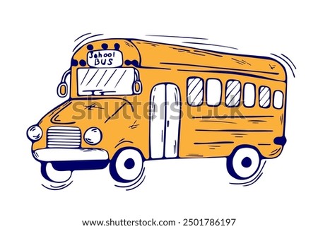 Yellow school bus in style hand drawn on white background. Modern Doodle illustration for trendy posters, banners, social media, websites. Vector Element back to school. Concept for invitations, card.