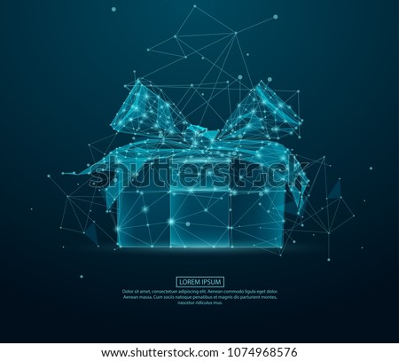Gift with polygon line on abstract background. Polygonal space low poly with connecting dots and lines. Connection structure. Vector science background