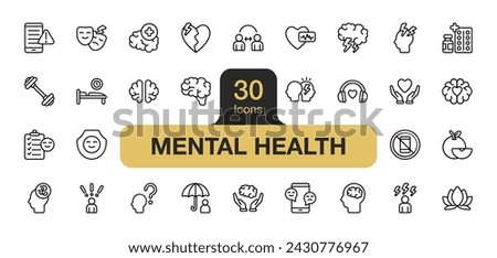 Set of 30 Mental health icon element set. Includes broken, panic, protect, stress, thinking, and More. Outline icons vector collection.