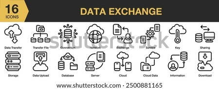 Data Exchange icon set. Includes cloud data, connection, data transfer, information, server, storage, transfer file, and More. Outline icons vector collection