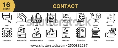 Contact icon set. Includes chat, contract, feedback, profile, thumbs up, mailbox, post, and More. Outline icons vector collection.