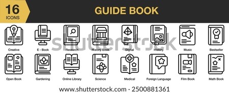 Guide Book icon set. Includes best seller, creative, history book, music, math book, and More. Outline icons vector collection.