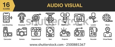 Audio Visual icon set. Includes broadcast, cable, equaliser, movie, radio, recorder, and More. Outline icons vector collection.